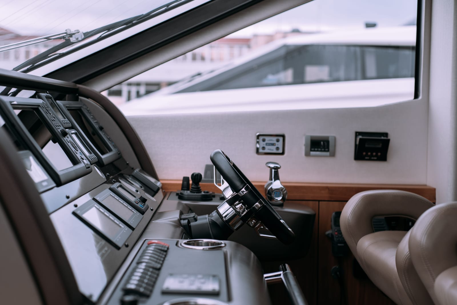 The helm and wheel of a boat.